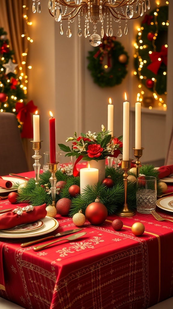 A festive Christmas dining table set with red and gold decorations, candles, and greenery.
